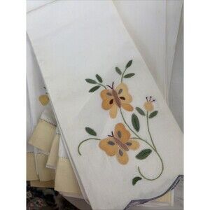 Lot of 6 Vintage Embroidered Pansy Flower Applique Cotton Tea Towels